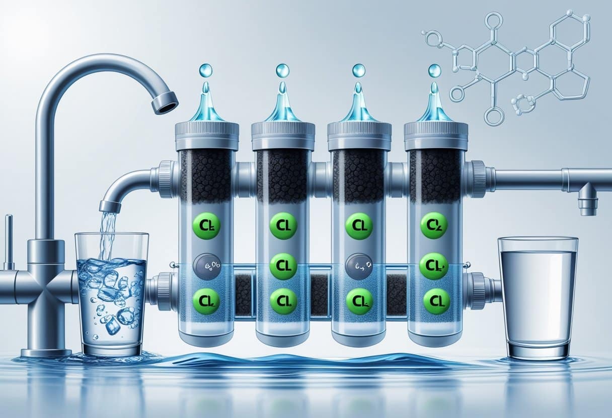 Illustration of water passing through a filtration system that removes chlorine, showing clean water coming out on the other side.
